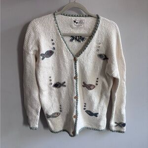 Cream Knit Cardigan with Fish